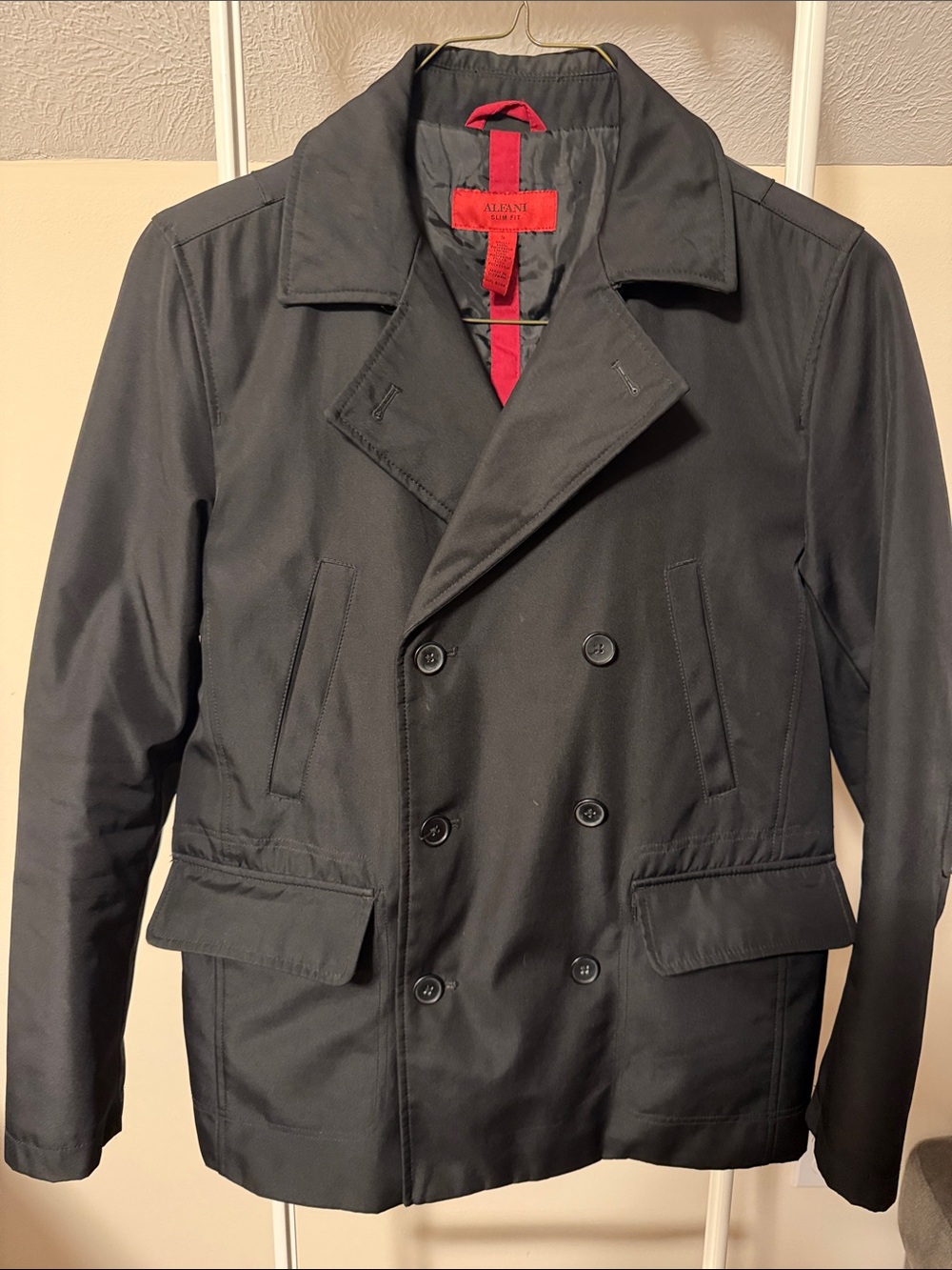 Alfani double-breasted black pea coat weather resistant slim fit SMALL